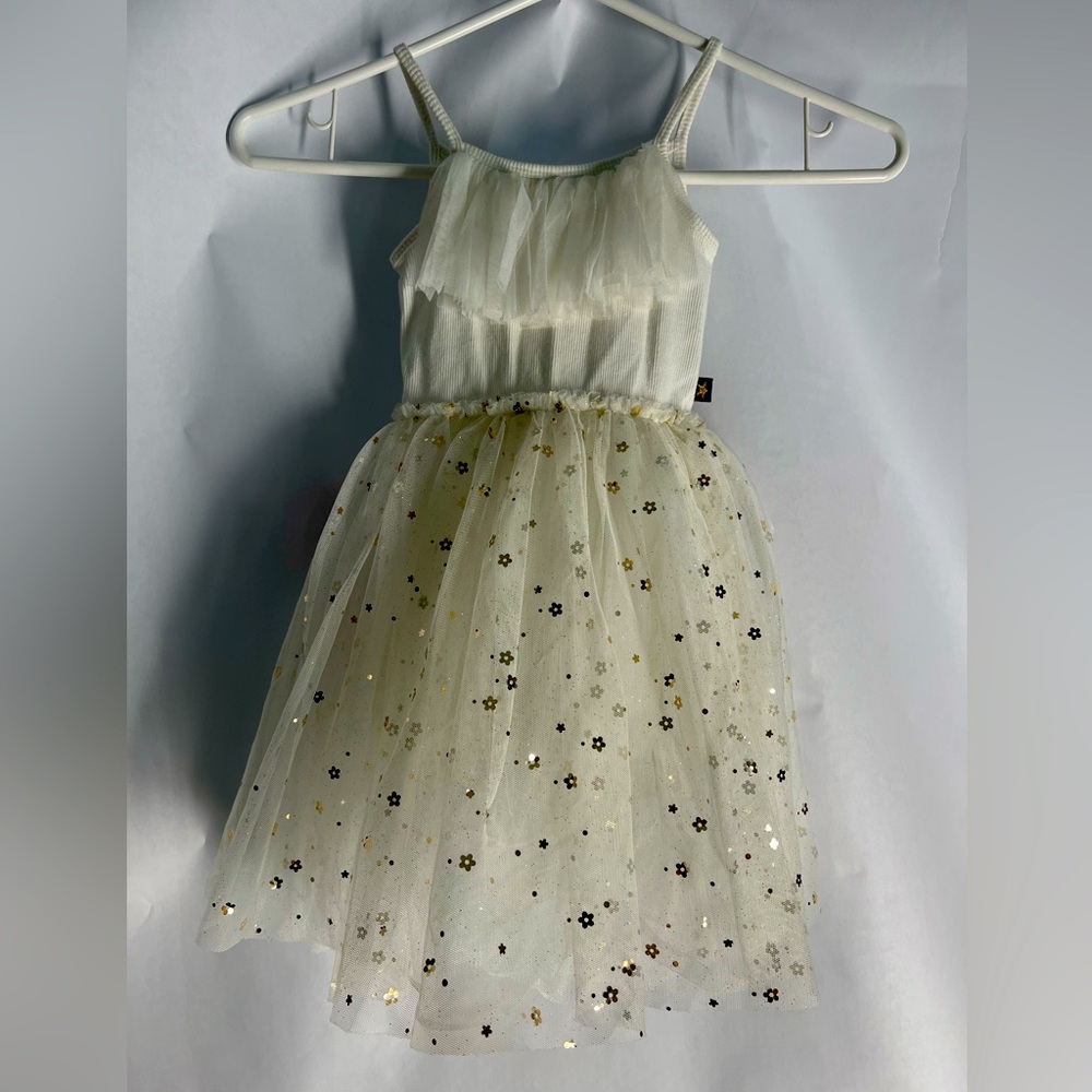 Petite Hailey Vintage white and gold flowered dress